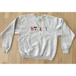 Vtg 90s Disney Mickey Mouse Sweatshirt Crew Neck L/XL Grey Crew Neck Embroidered